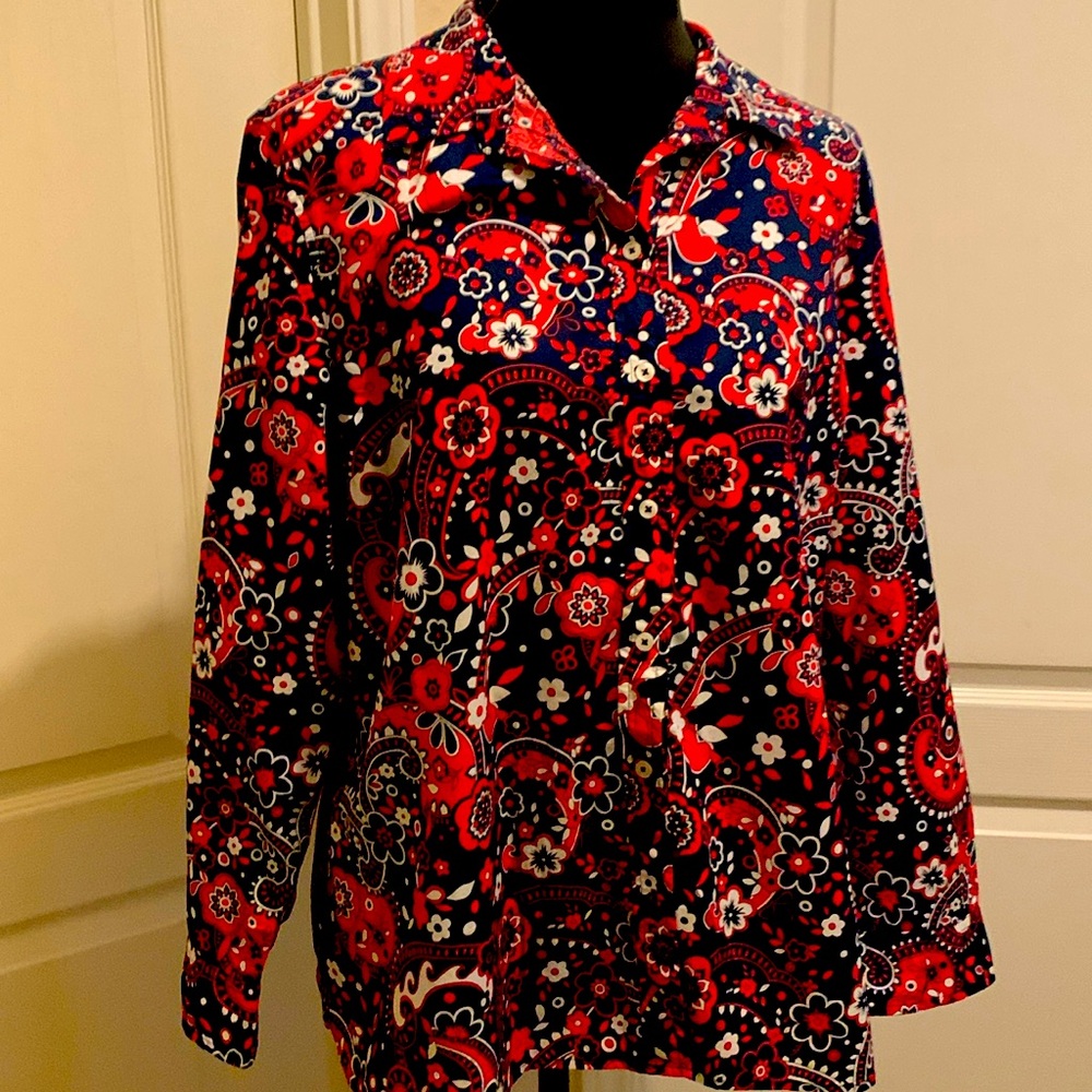 Women long sleeve button down blouse.  Multi floral/ paisley print